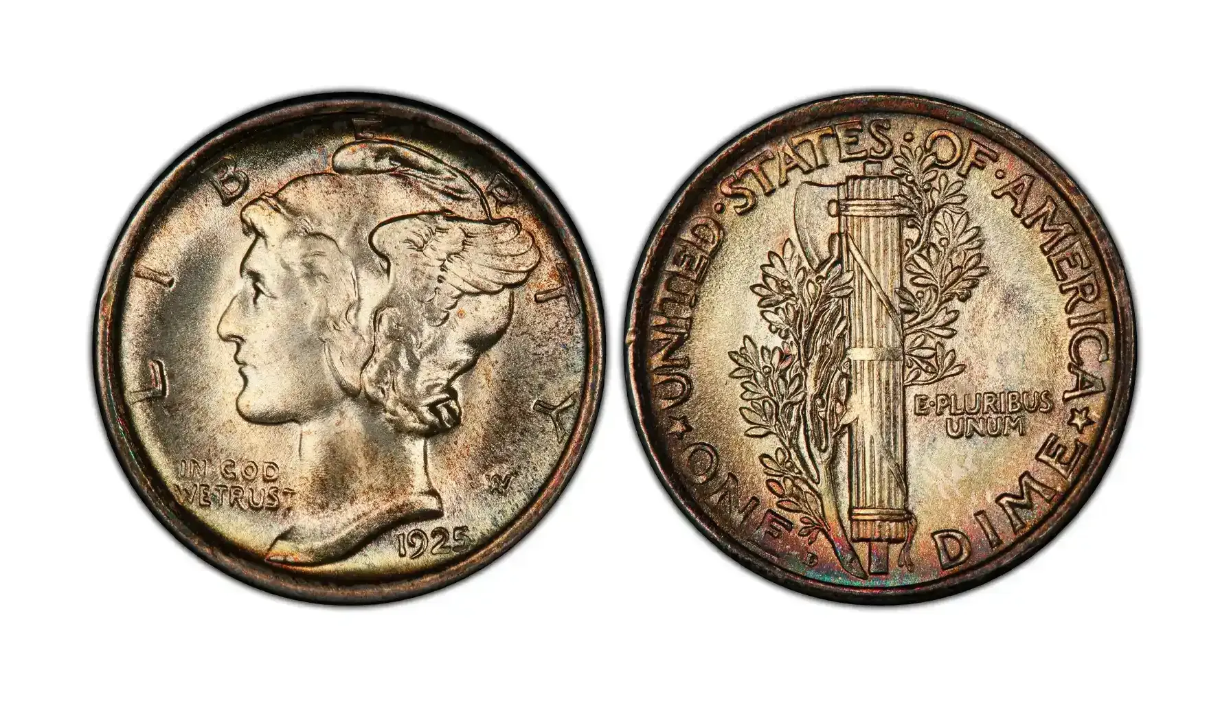 Side-by-side comparison of 1925 Mercury dime fasces without and with Full Bands designation