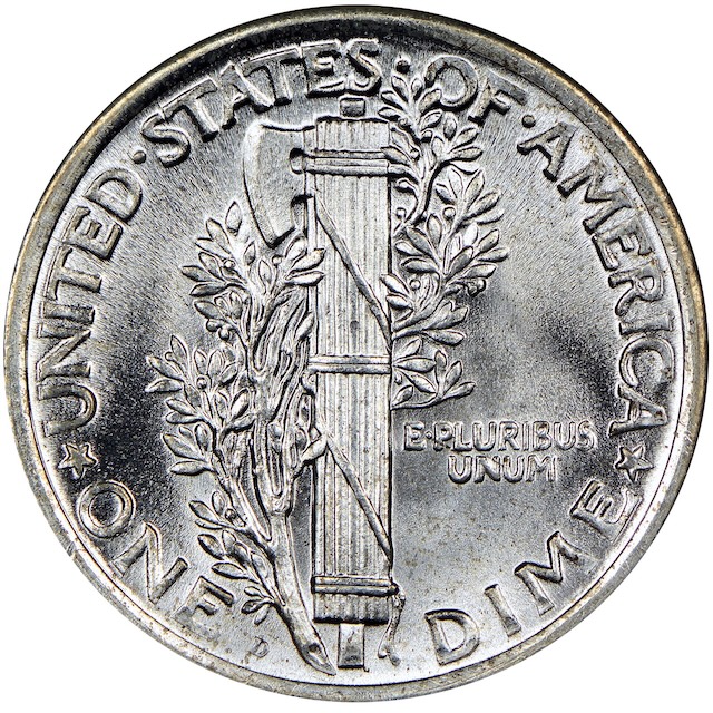 1925-D Mercury dime reverse close-up showing D mint mark position