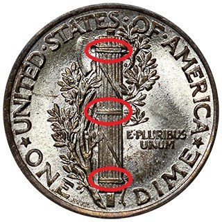 1925 Mercury dime Full Bands close-up showing complete central crossband separation on the fasces