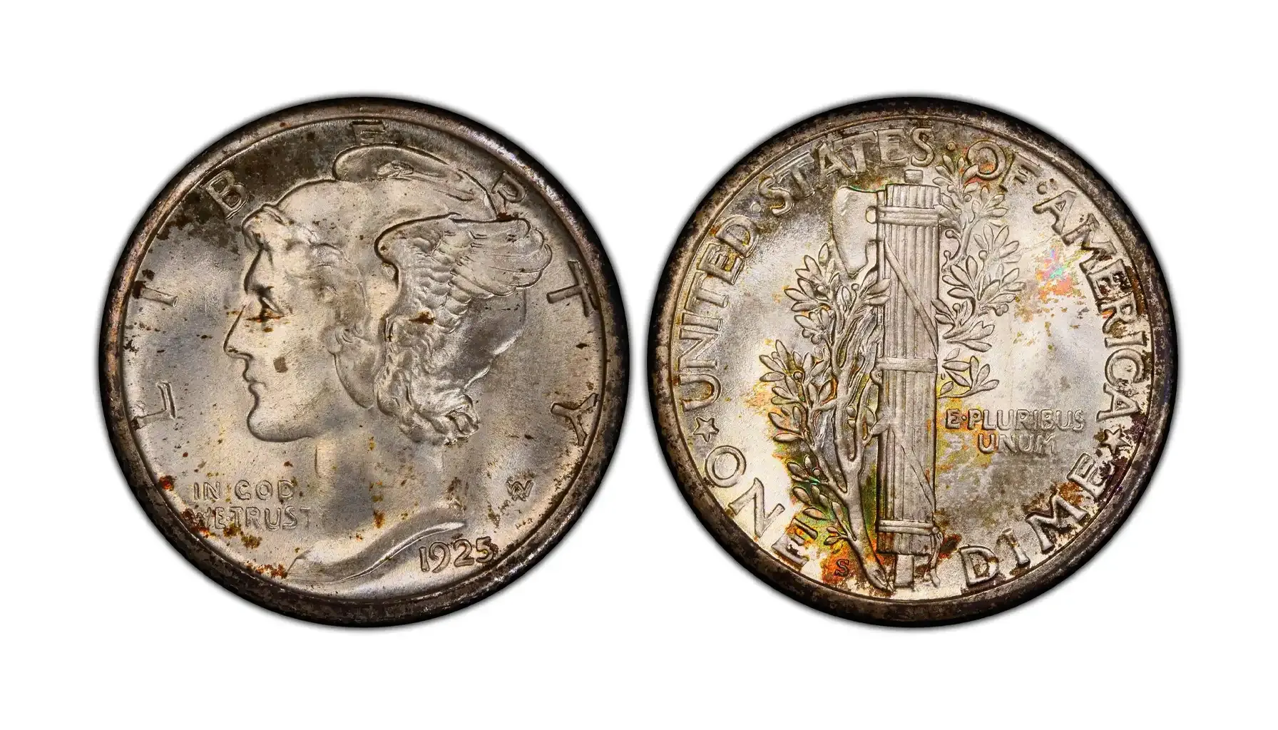 1925 Mercury dime off-center strike error showing design shifted from center position