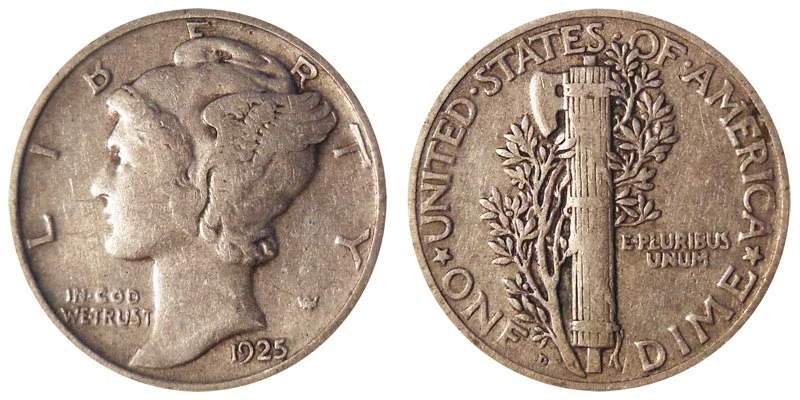 1925 Mercury dime mint comparison showing Philadelphia, Denver, and San Francisco examples