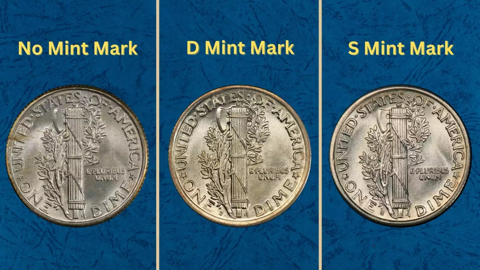 1925 Mercury dime grading strip showing Good, Fine, Extremely Fine, and Mint State condition examples